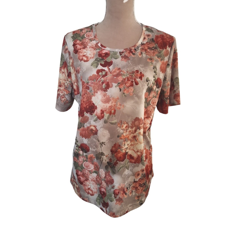 Blair Women Red Floral Crew Neck Short Sleeve Top Size Large
